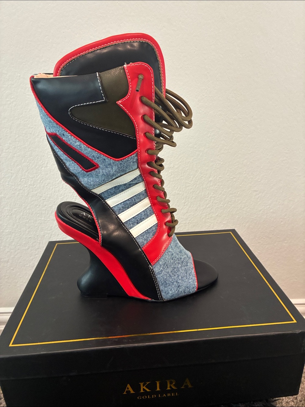 AKIRA Red, Denim & Black Lace-Up Sculpted Wedge Heel